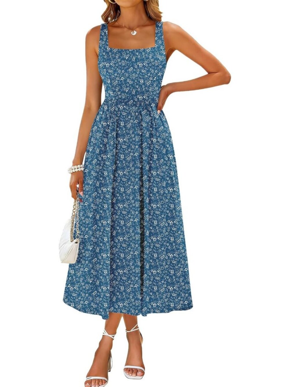 Stylish Midi Dress for Women - Square Neck Tank, Sleeveless, A-Line, Casual
